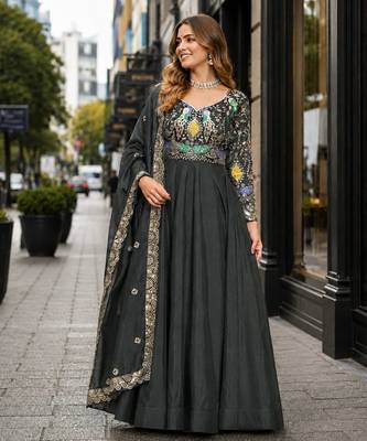 mehendi vichitra silk blend readymade anarkali suit with thread embroidery work 1