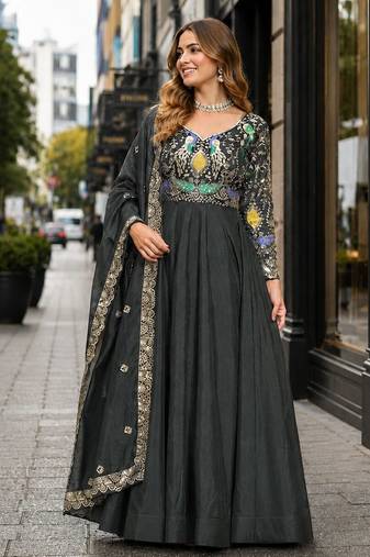 mehendi vichitra silk blend readymade anarkali suit with thread embroidery work