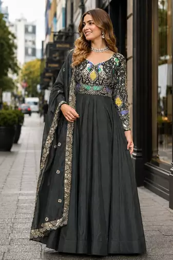 mehendi vichitra silk blend readymade anarkali suit with thread embroidery work