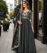 mehendi vichitra silk blend readymade anarkali suit with thread embroidery work