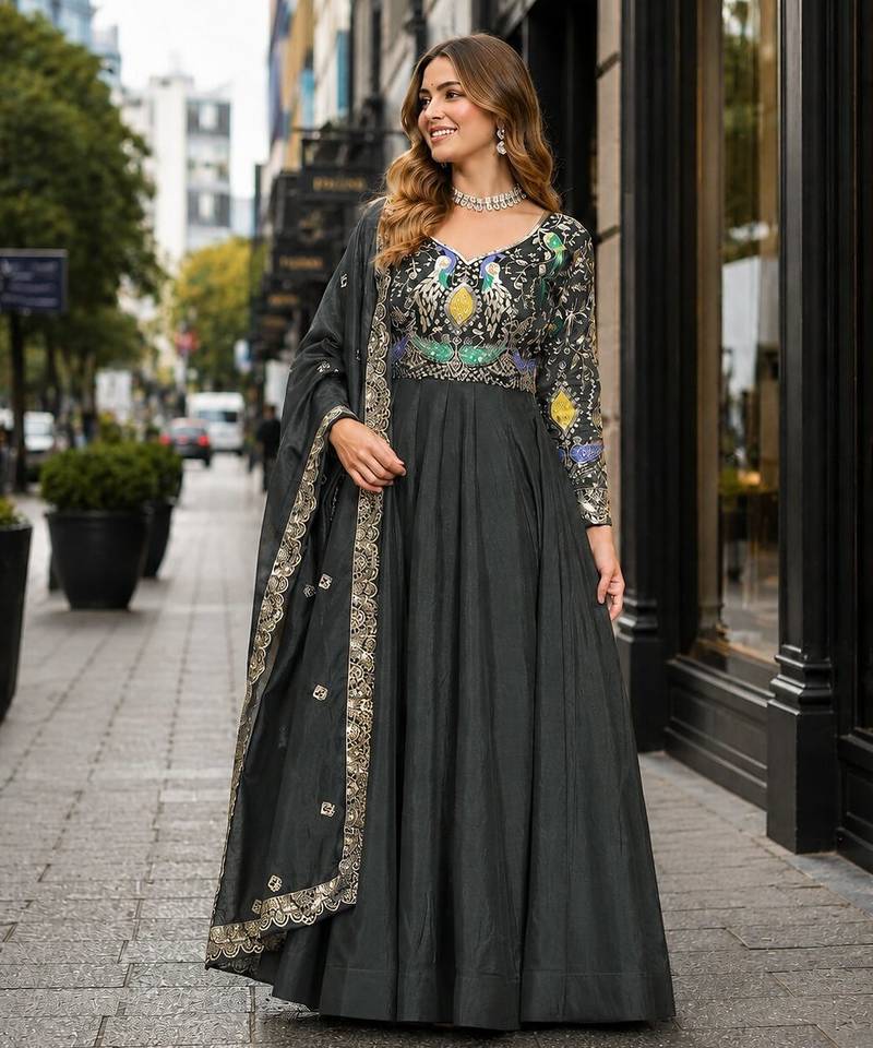 mehendi vichitra silk blend readymade anarkali suit with thread embroidery work