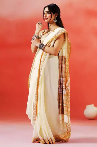 Ivory mustard printed handloom khadi saree