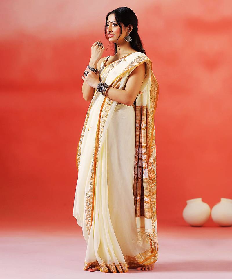 Ivory mustard printed handloom khadi saree