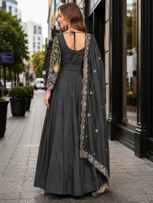 mehendi vichitra silk blend readymade anarkali suit with thread embroidery work 2