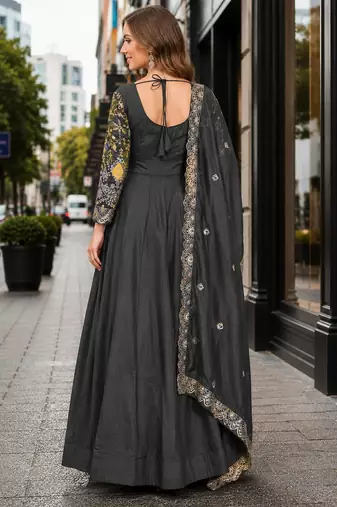 mehendi vichitra silk blend readymade anarkali suit with thread embroidery work