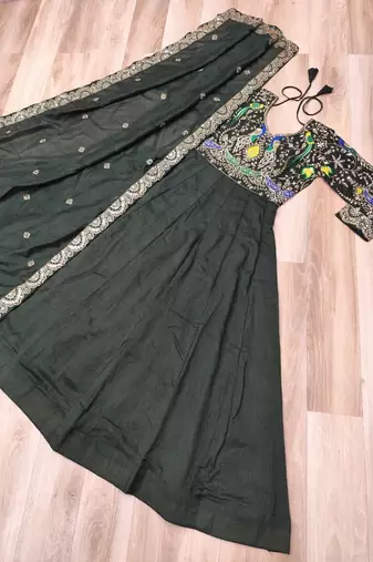 mehendi vichitra silk blend readymade anarkali suit with thread embroidery work