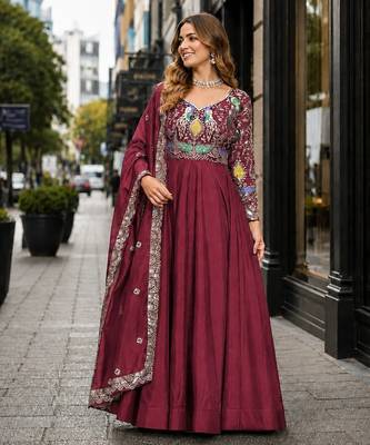 maroon vichitra silk blend readymade anarkali suit with thread embroidery work 1