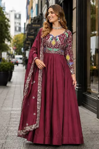 maroon vichitra silk blend readymade anarkali suit with thread embroidery work