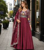maroon vichitra silk blend readymade anarkali suit with thread embroidery work