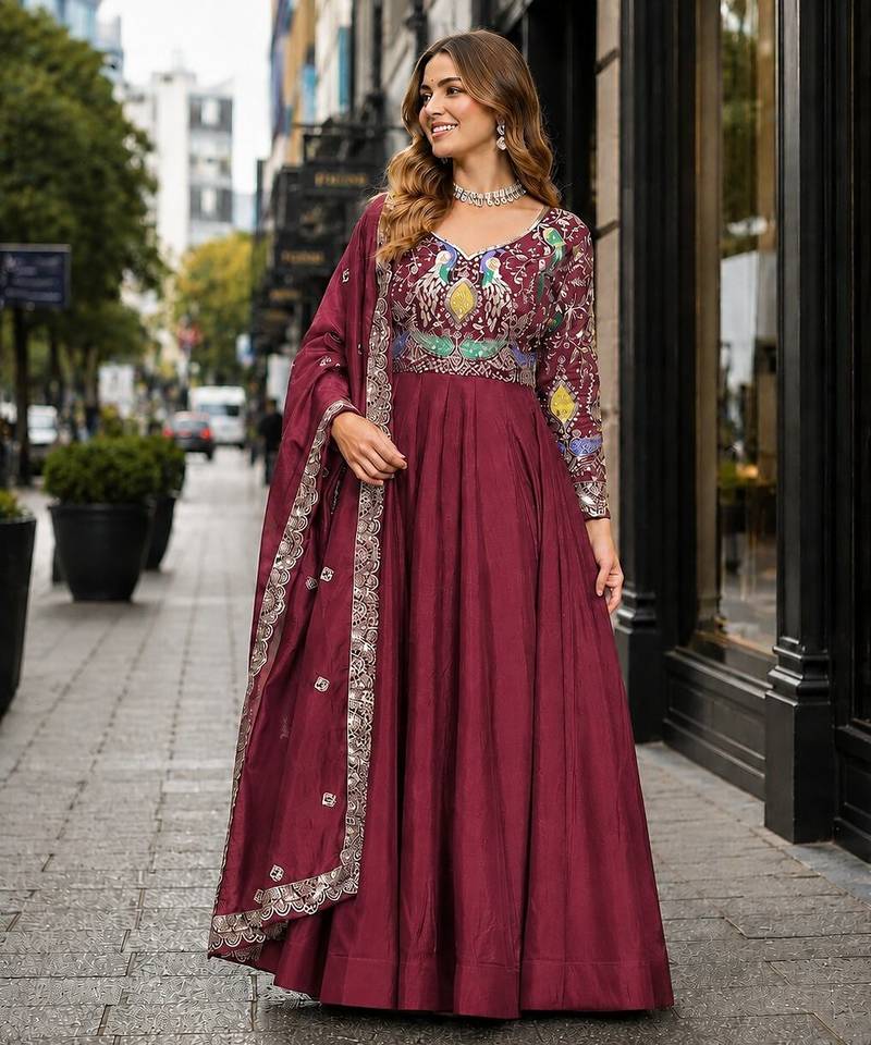 maroon vichitra silk blend readymade anarkali suit with thread embroidery work