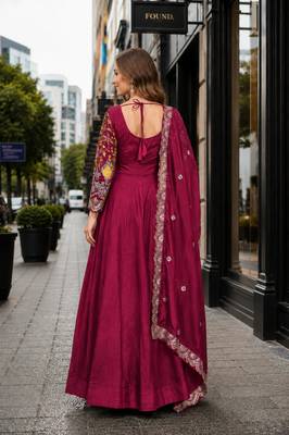 maroon vichitra silk blend readymade anarkali suit with thread embroidery work 2