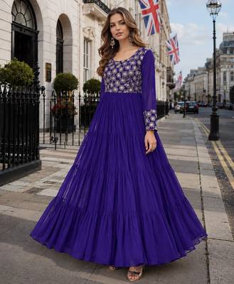 blue faux georgette readymade gown with sequence & embroidery work 1