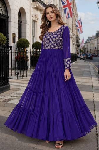 blue faux georgette readymade gown with Sequin & embroidery work