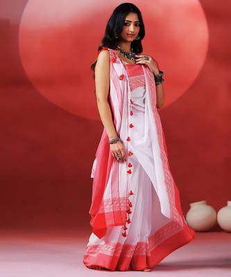White crimson red handloom khadi saree 2