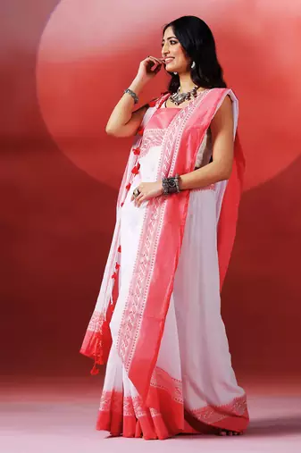 White crimson red handloom khadi saree
