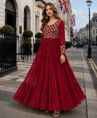 maroon faux georgette readymade gown with sequence & embroidery work 1