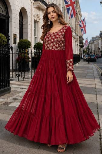 maroon faux georgette readymade gown with sequence & embroidery work
