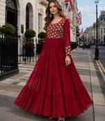 maroon faux georgette readymade gown with sequence & embroidery work