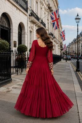 maroon faux georgette readymade gown with sequence & embroidery work 2