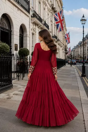 maroon faux georgette readymade gown with Sequin & embroidery work