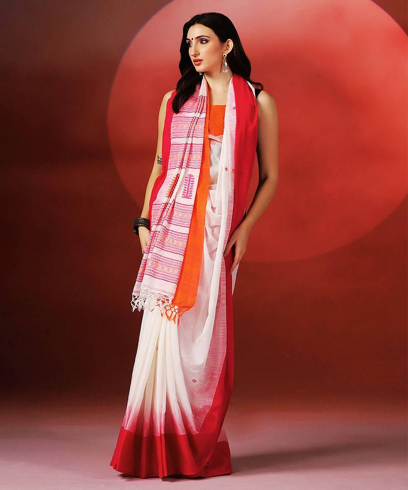 White pink handloom khadi saree
