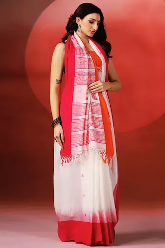 White pink handloom khadi saree
