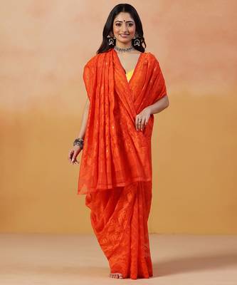 Tangerine orange handloom jamdani saree 1