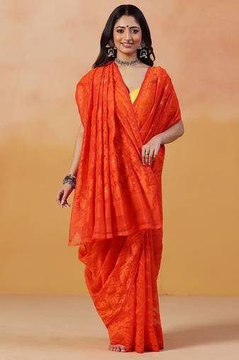 Tangerine orange handloom jamdani saree