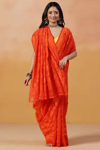 Tangerine orange handloom jamdani saree