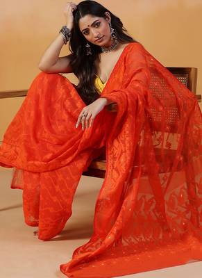 Tangerine orange handloom jamdani saree 2