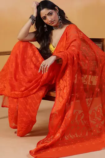 Tangerine orange handloom jamdani saree