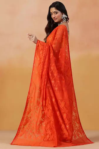 Tangerine orange handloom jamdani saree