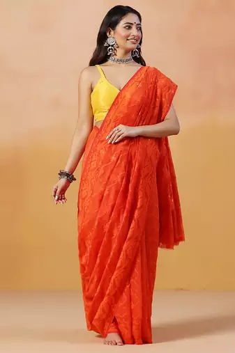 Tangerine orange handloom jamdani saree