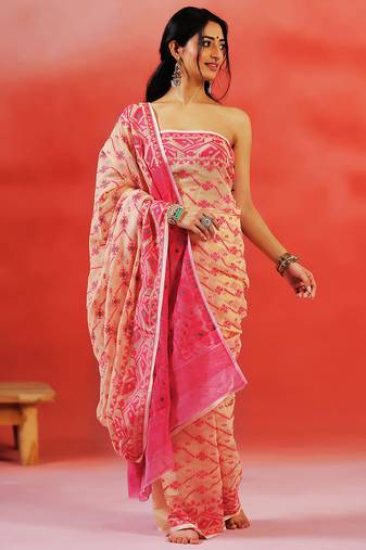 Pink beige handloom jamdani saree