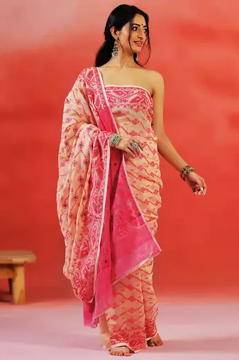 Pink beige handloom jamdani saree