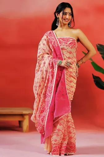 Pink beige handloom jamdani saree