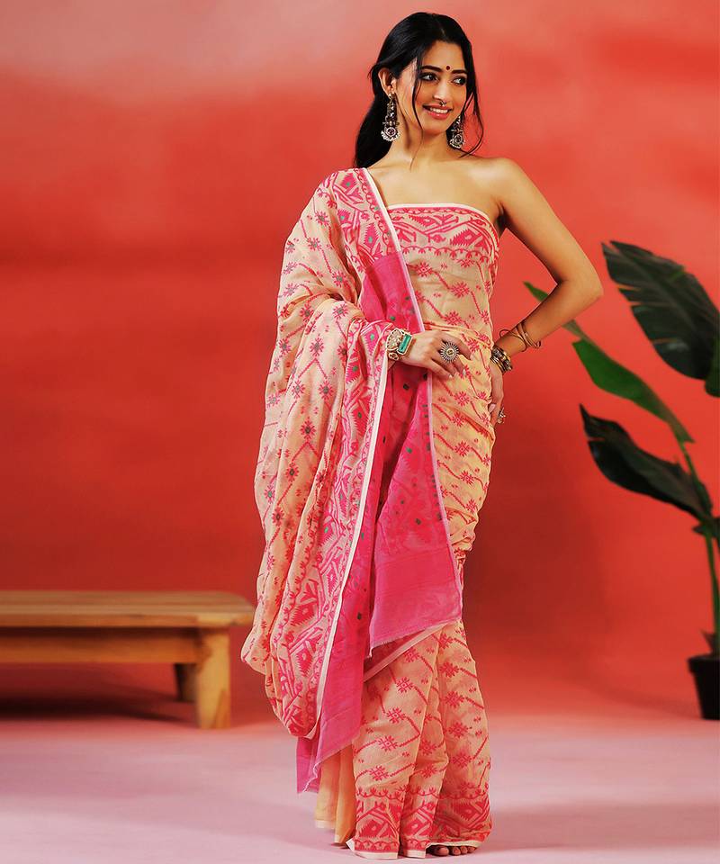 Pink beige handloom jamdani saree