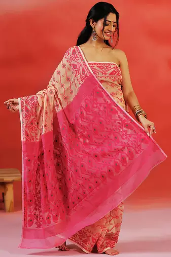 Pink beige handloom jamdani saree