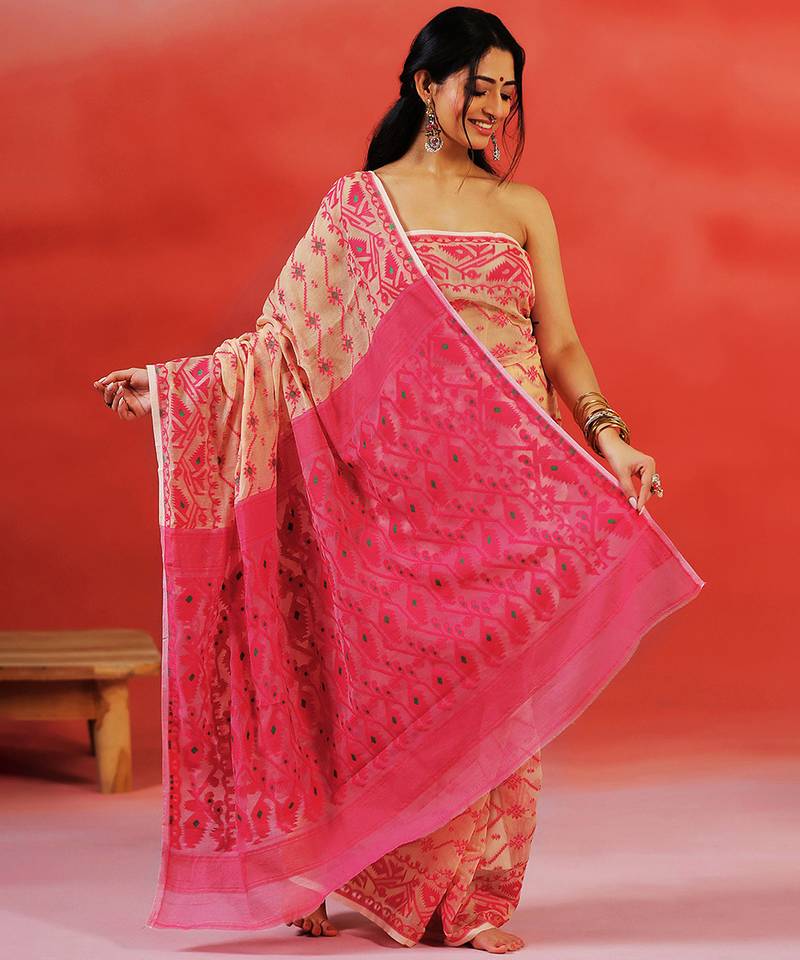 Pink beige handloom jamdani saree