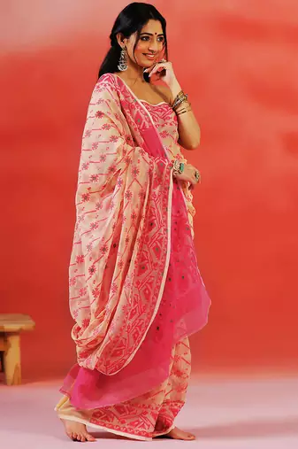 Pink beige handloom jamdani saree