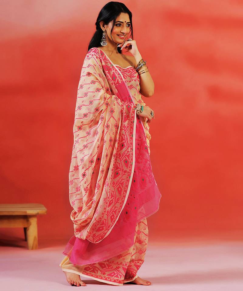 Pink beige handloom jamdani saree