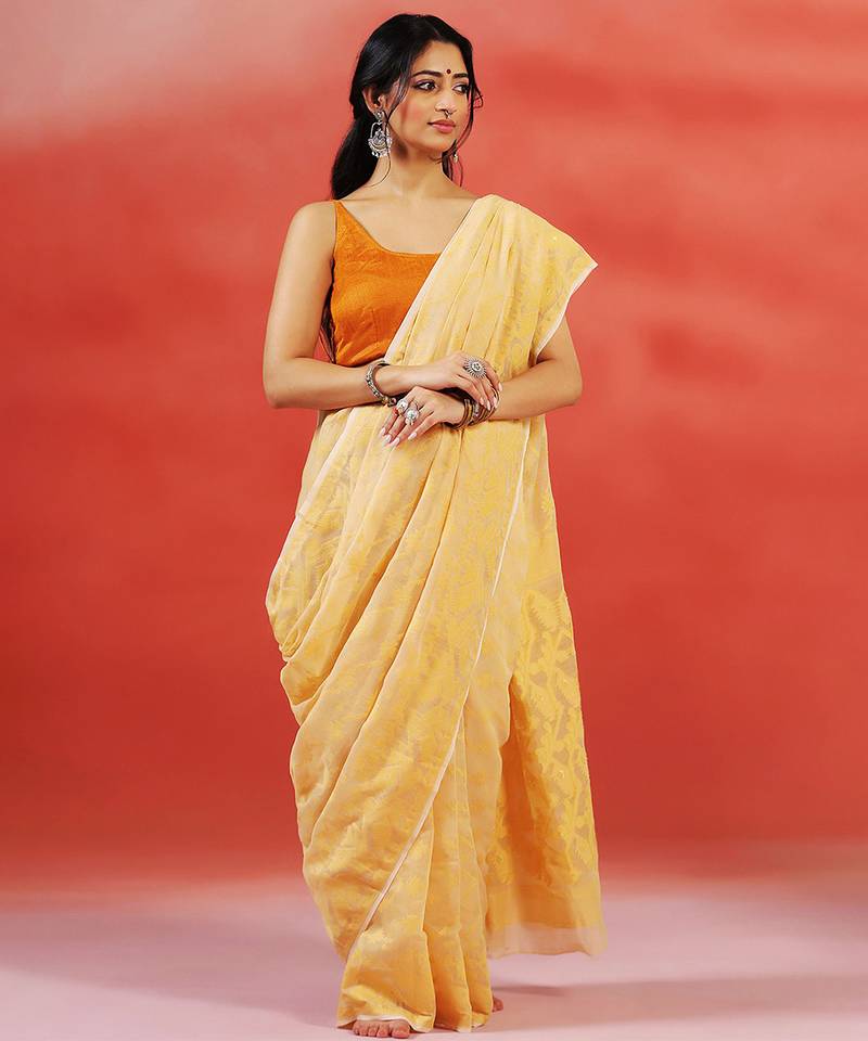 Yellow gold handloom jamdani saree
