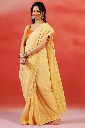 Yellow gold handloom jamdani saree