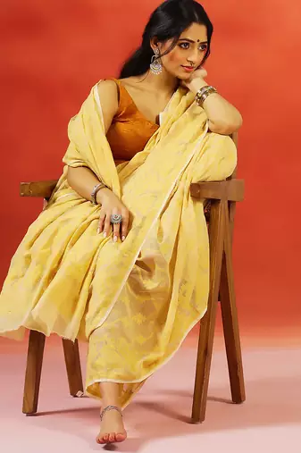 Yellow gold handloom jamdani saree