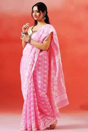 Baby pink handloom jamdani saree