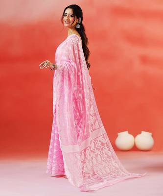 Baby pink handloom jamdani saree 4