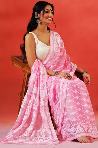 Baby pink handloom jamdani saree