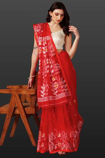 Crimson red handloom jamdani saree
