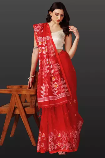 Crimson red handloom jamdani saree