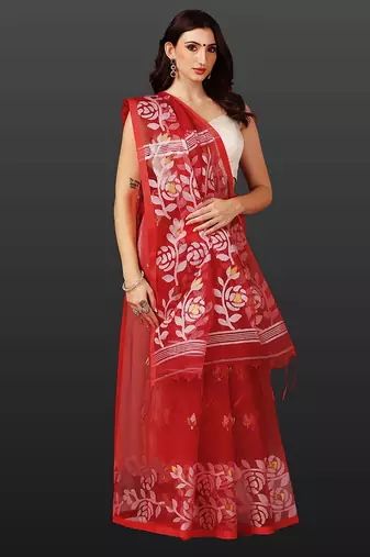 Crimson red handloom jamdani saree